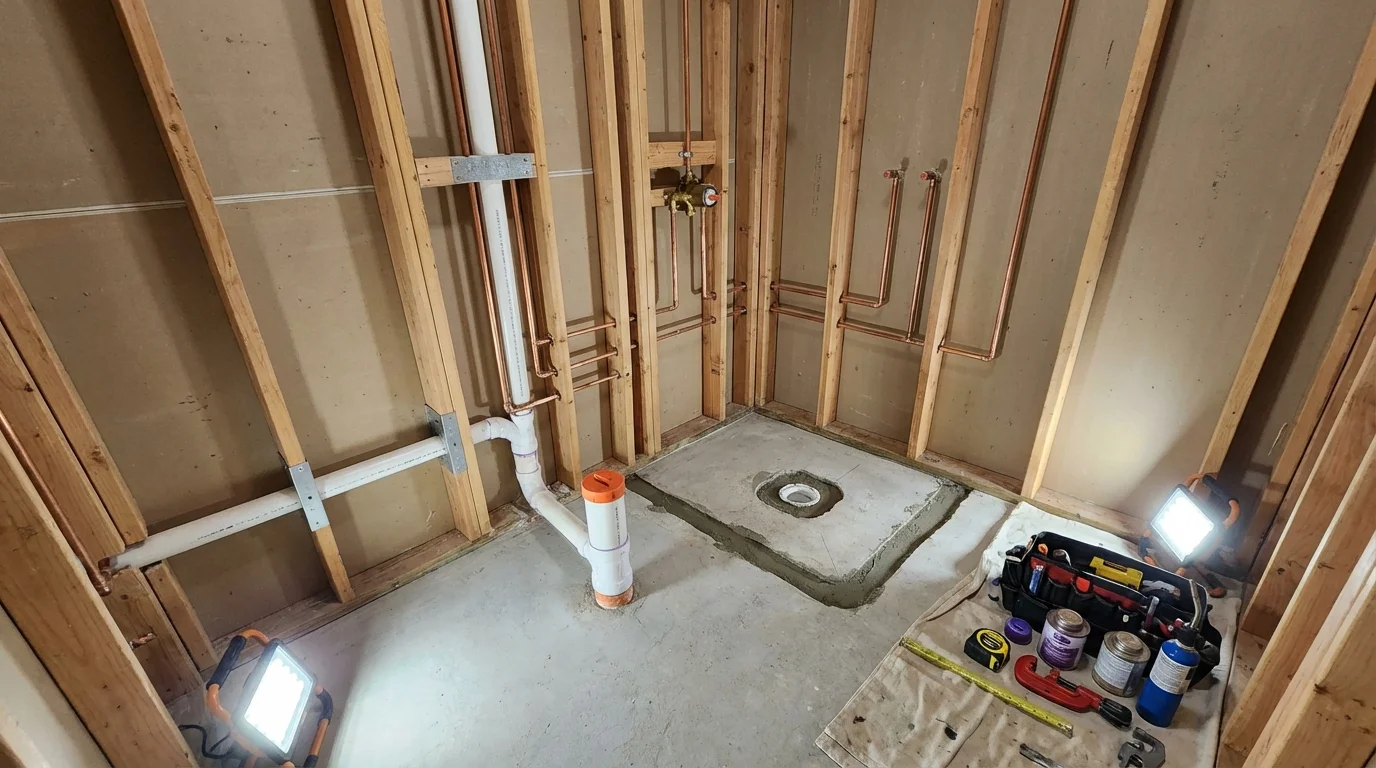 Bathroom rough-in plumbing during remodel by Johns Plumbing LLC in Waialua