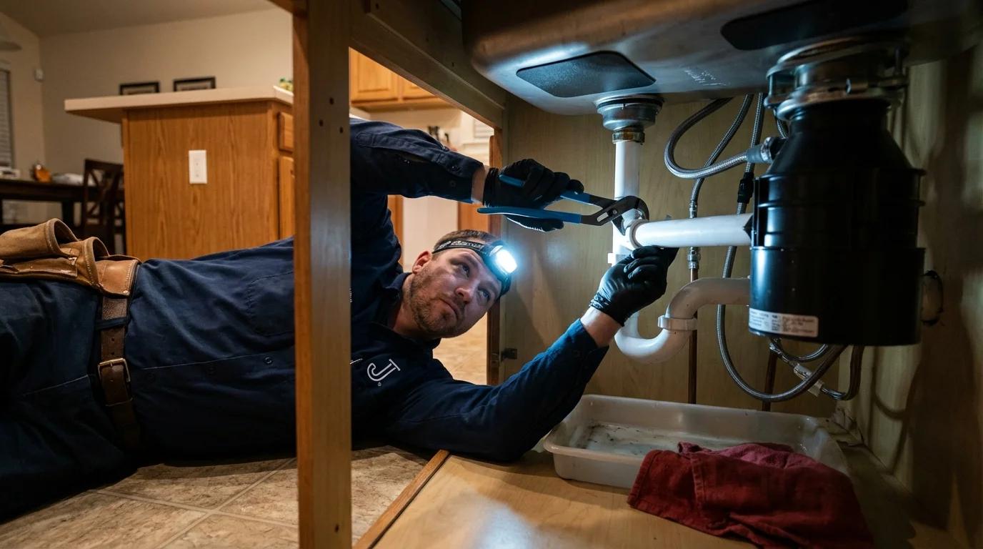 P-trap and supply line connections under a kitchen sink showing a common leak point in Waialua, HI